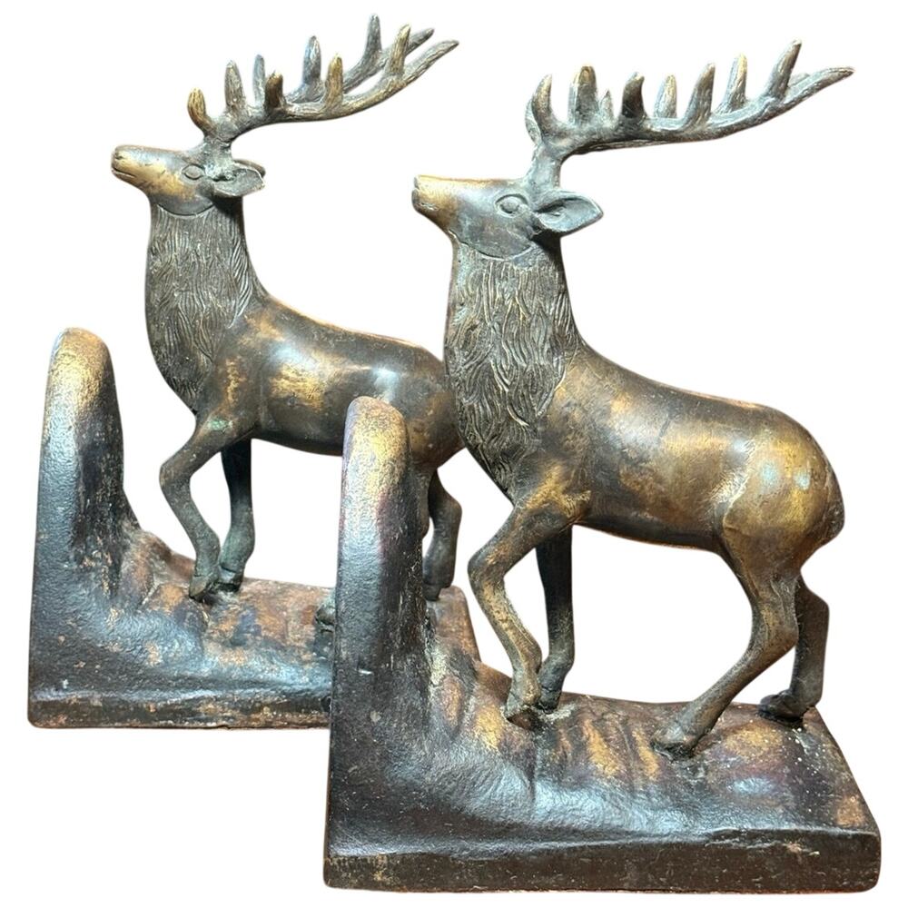 Vintage Cast Metal Elk Stag Bookends Heavy Iron Base Rustic Cabin Decor Pair